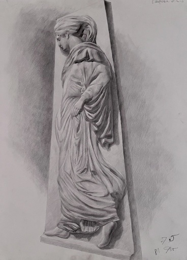 Graphite drawing of a classical draped figure in relief