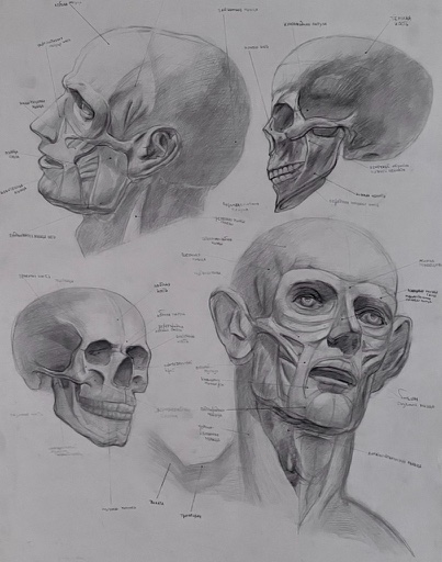 Graphite anatomical studies of skulls and heads