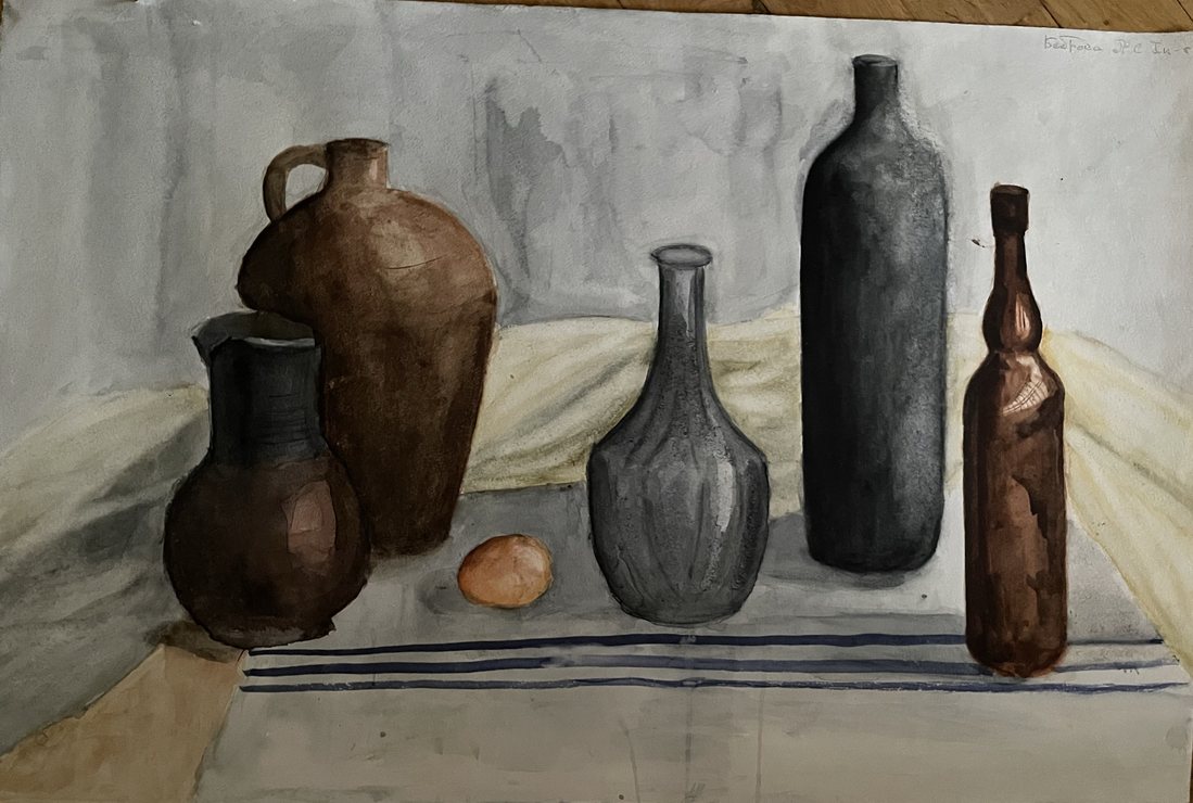 Watercolor still life of pitchers, bottles and an egg