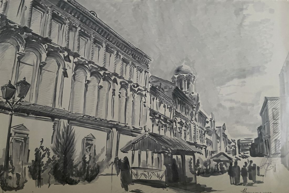 Marker sketch of a classical city street in one-point perspective