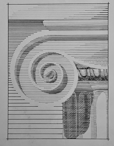 Hatched line study of an Ionic column volute